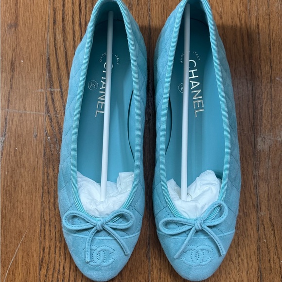 CHANEL Shoes - CHANEL Turquoise Quilted Suede Ballet Flats with CC Bow